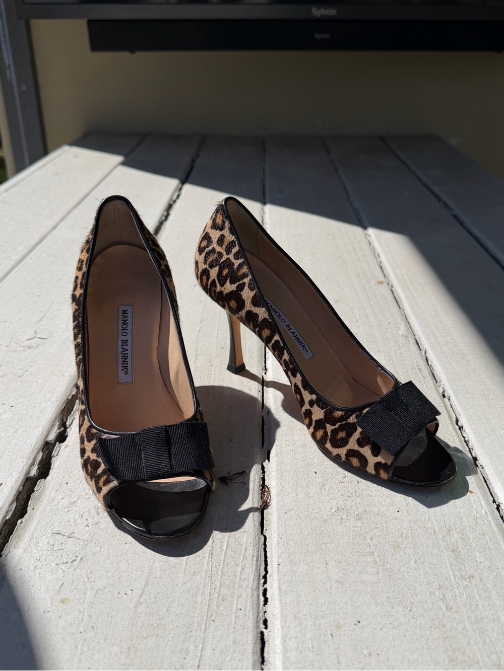Vintage Manolo Blahnik Leopard Pony Hair Peep-toe Pumps w/ Black Bow size 39